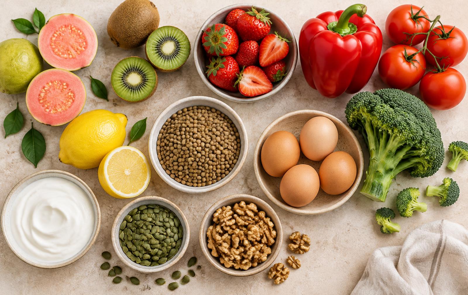 Guayaba, kiwi, fresas, pimiento, jitomate, brócoli, limón, lentejas, huevos, yogur, semillas de calabaza y nueces