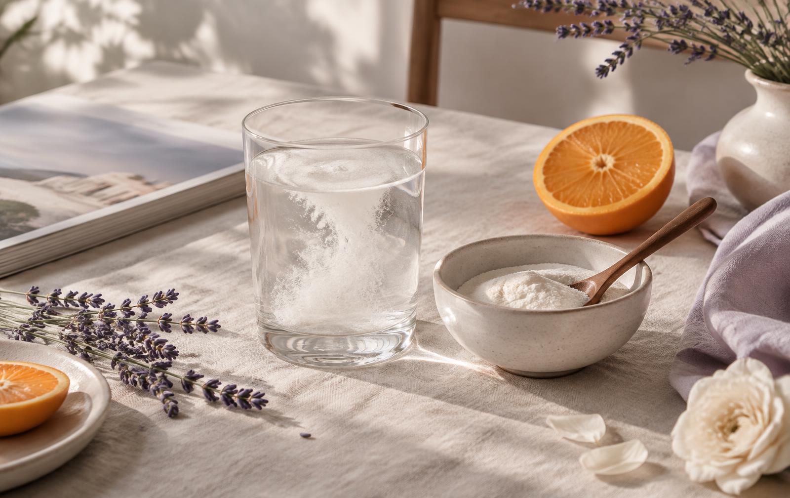 Vaso de agua con colágeno en polvo, naranja y lavanda sobre mantel de lino