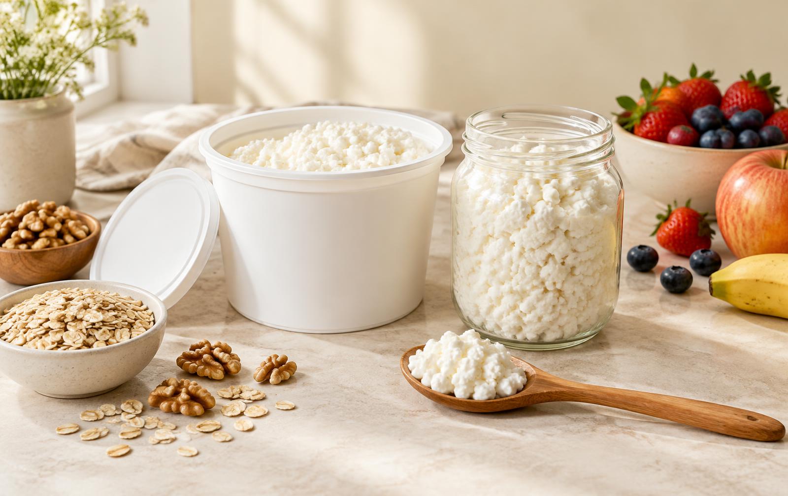 Envase de queso cottage y frasco de vidrio junto a avena, nueces y fruta fresca