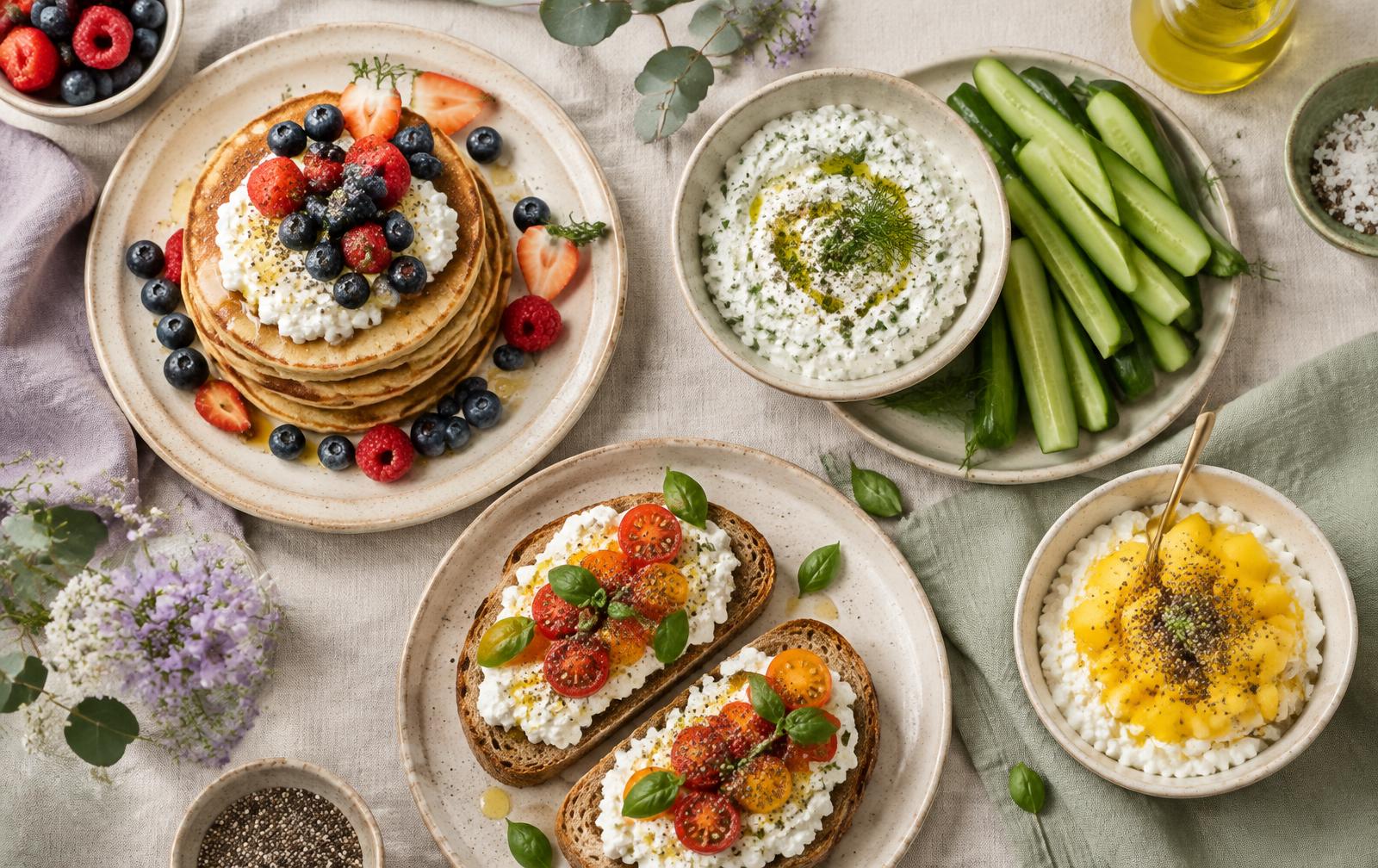 Hot cakes, dip de hierbas, tostadas con jitomate y bowl de mango hechos con queso cottage