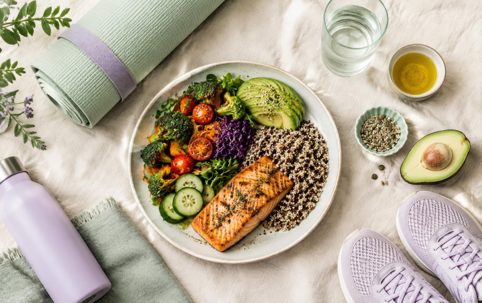 Plato balanceado con salmón, quinoa, verduras y aguacate junto a un tapete de yoga, tenis y un vaso de agua