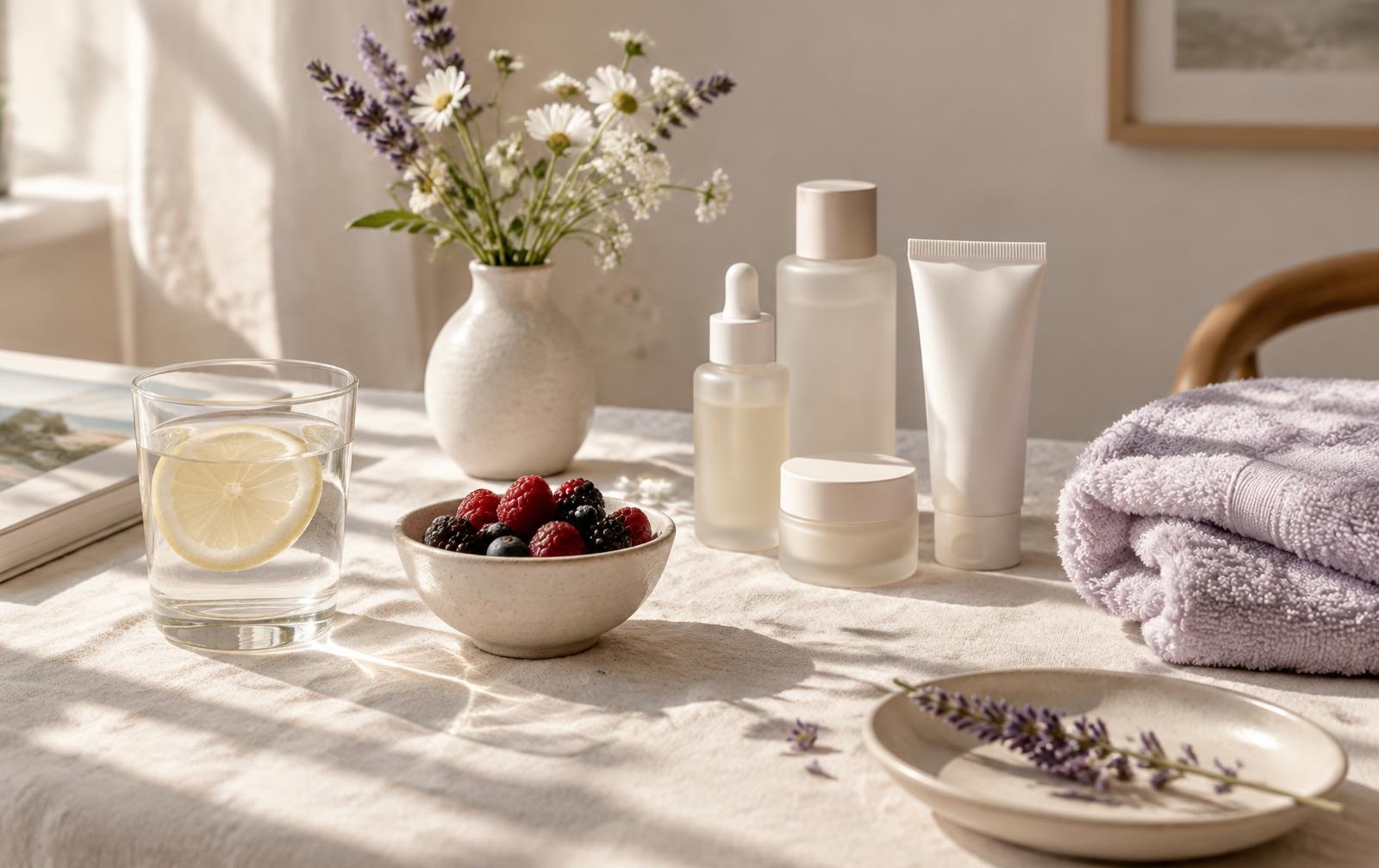 Rutina de bienestar con agua con limón, frutos rojos, productos de skincare y protector solar sobre lino a la luz de la mañana